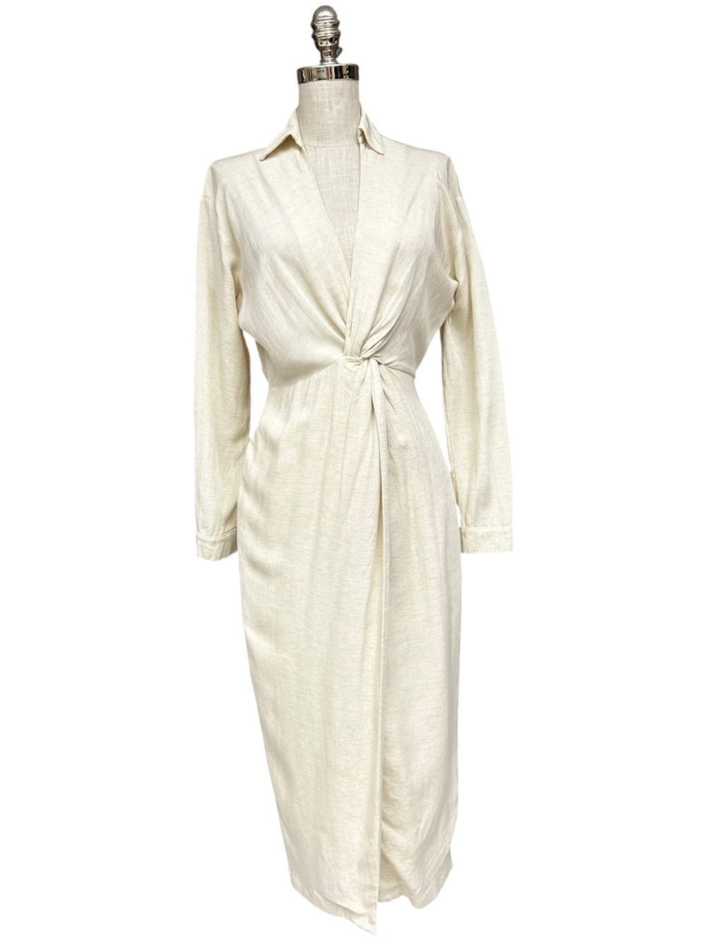 Anthropologie Ivory V-Neck Knot Front Midi Dress Linen Blend US 2 - Picture 5 of 17